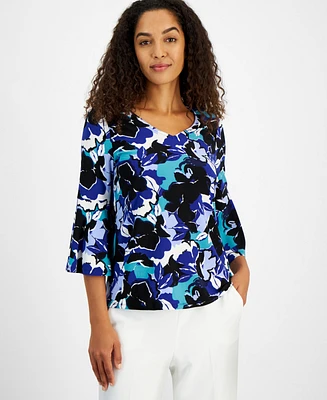 Kasper Women's V-Neck Floral Bell-Sleeve Top, Regular & Petite