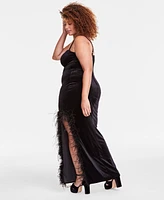 B Darlin Trendy Plus Velvet Feather-Trim Gown