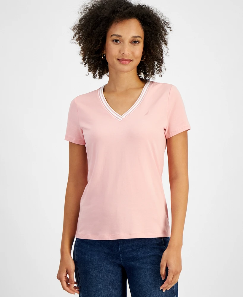 Nautica Jeans Women's Solid Stripe-Trim V-Neck