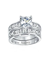 Bling Jewelry 2CT Princess Cut Solitaire Side Stone Cz Square Anniversary Band Engagement Wedding Ring Set .925 Sterling Silver