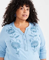 Style & Co Plus Embroidered 3/4-Sleeve Top, Created for Macy's