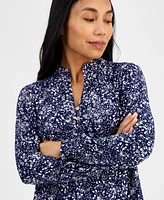 Ak Anne Klein Petite Printed Smocked-Cuff Blouse