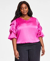 Vince Camuto Plus Shadow-Stripe Bubble-Sleeve Top