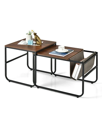 Gymax Nesting Coffee Table Set of 2 Industrial Stackable Side Table w/ Magazine Holder