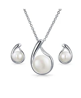 Bling Jewelry Simple White Freshwater Cultured Pearl Teardrop Pendant Necklace Stud Earrings Jewelry Set For Women Sterling Silver