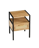 Slickblue Rattan End Table with Drawer: Modern Nightstand with Metal Legs - Side Table for Living Room & Bedroom - Natural