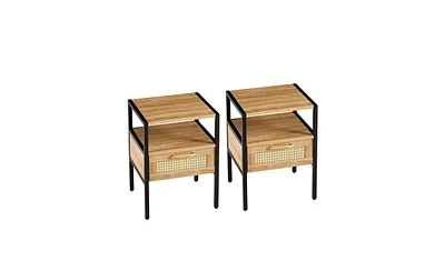 Slickblue Rattan End Table with Drawer: Modern Nightstand with Metal Legs - Side Table for Living Room & Bedroom - Natural