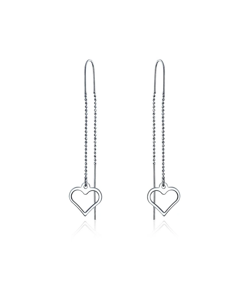 Bling Jewelry Long Linear Lightweight Heart Chain Threader Earrings For Women .925 Sterling Silver Stabilizing U Hook