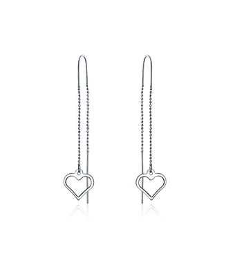 Bling Jewelry Long Linear Lightweight Heart Chain Threader Earrings For Women .925 Sterling Silver Stabilizing U Hook