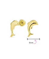 Bling Jewelry Tiny Mini Minimalist Nautical Tropical Ocean Marine Life Real 14K Yellow Gold Dolphins Stud Earrings For Women Safety Screw back