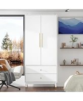 Famapy White Wooden Wardrobe, Armoire with 1-Large Shelf, Hanging Bar and 2-Drawers