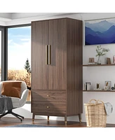 Famapy Grey Armoire with 2-Drawers, Hanging Rod and Gold Metal Handles