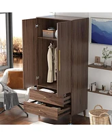 Famapy Grey Armoire with 2-Drawers, Hanging Rod and Gold Metal Handles