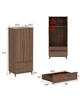 Famapy Brown Armoire with 2-Drawers, Hanging Rod and Gold Metal Handles