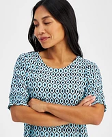 Ak Anne Klein Petite Printed Elbow-Sleeve Smocked-Cuff Top