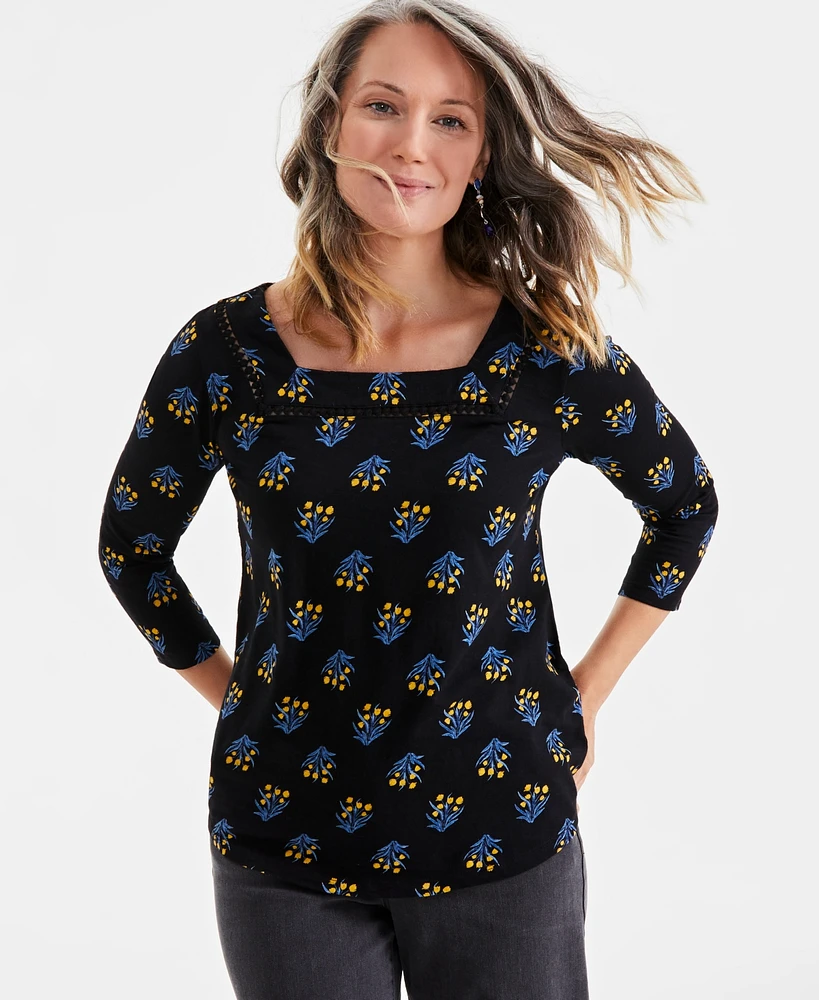 Style & Co Petite Stamped Tulip Printed Cotton Top, Created for Macy's