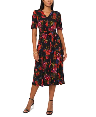 Msk Women's Printed V-Neck Short-Sleeve Midi Dress