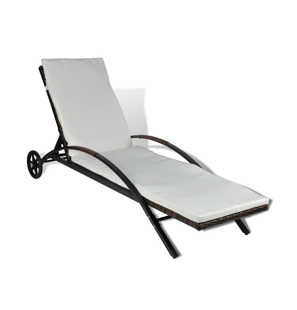 vidaXL Sun Lounger with Cushion & Wheels Poly Rattan Brown