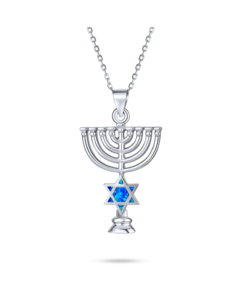 Bling Jewelry Created Blue Opal Religious Judaica Hanukkah Menorah Star Of David Pendant Necklace For Women Bat Mitzvah .925 Sterling Silver