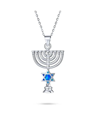 Bling Jewelry Created Blue Opal Religious Judaica Hanukkah Menorah Star Of David Pendant Necklace Bat Mitzvah Silver