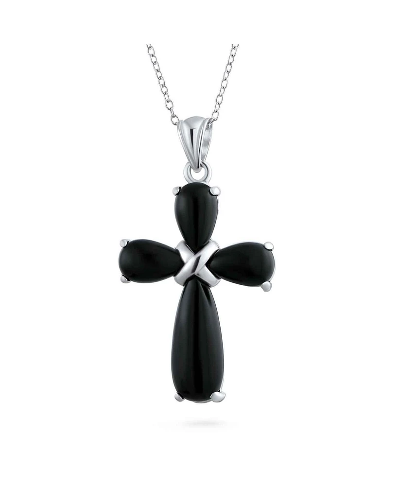 Bling Jewelry Timeless Fashion Cabochons Natural Black Onyx Cross Pendant Necklace For Women .925 Sterling Silver With Chain