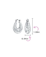 Bling Jewelry Lightweight Slender Hollow Puff Ribbed Scalloped Style Oval Tube Hoop Earrings For Women .925 Sterling Silver 1 Inch