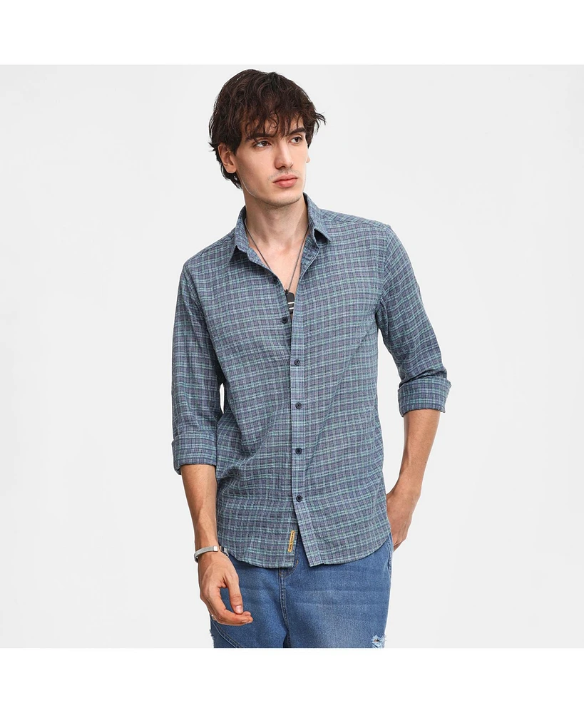 Campus Sutra Men's Icy Blue Micro-Tartan Plaid Shirt