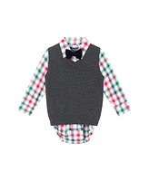 Andy & Evan Baby Boys White Plaid Buttondown w/Charcoal Sweater Vest Bowtie