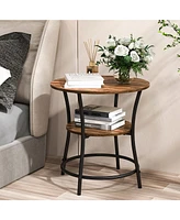 Gymax 2-Tier Side Table Compact Round Metal Frame Coffee Table w/ Open Shelf Brown