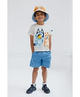 Bluey Boys T-Shirt Chambray Shorts and Twill Bucket Sun Hat 3 Piece Outfit Set to