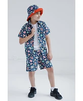 Bluey Toddler Boys Button Down Shirt Shorts and Bucket Sun Hat 3 Piece Outfit Set