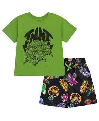 Teenage Mutant Ninja Turtles Birthday Drop Shoulder T-Shirt and Shorts Outfit Set Toddler to Big Kid Sizes (2T - 10-12)