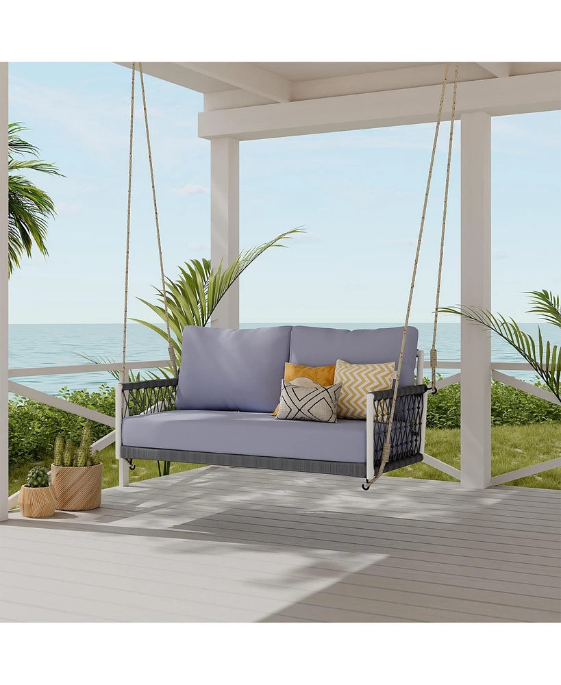 Slickblue Woven Rope Outdoor Swing Sofa – 2-Seater with Soft Cushions for Patio, Courtyard, and Balcony (Light Grey)