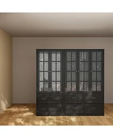 Famapy White 12-Shelf Bookcase Storage Cabinet with Tempered Glass Doors, 6-Drawers