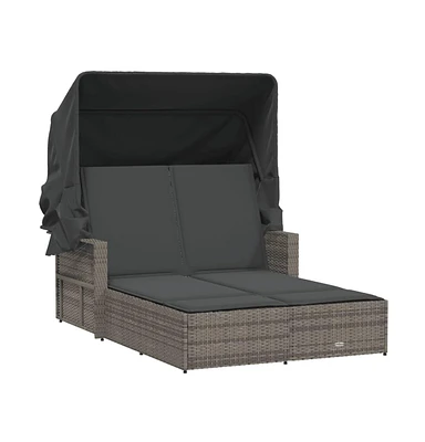 vidaXL Double Sun Lounger with Canopy and Cushions Poly Rattan