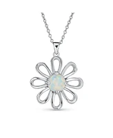 Bling Jewelry White Rainbow Created Opal Daisy Flower Pendant Necklace For Women .925 Sterling Silver