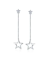 Bling Jewelry Celestial American Patriotic Usa Rock Star Chain Long Linear Dangle Open Star Earrings For Women .925 Sterling Silver 2.5 Inch