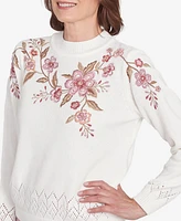 Alfred Dunner Women's Telluride Floral Embroidered White Chenille Sweater