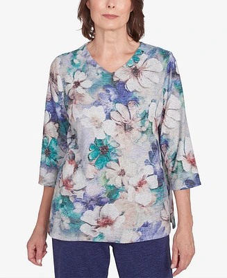 Alfred Dunner Women's French Quarter Watercolor Floral Melange Top with Pockets