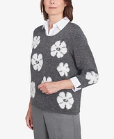 Alfred Dunner Women's Copenhagen Floral Collared Two One Sweater