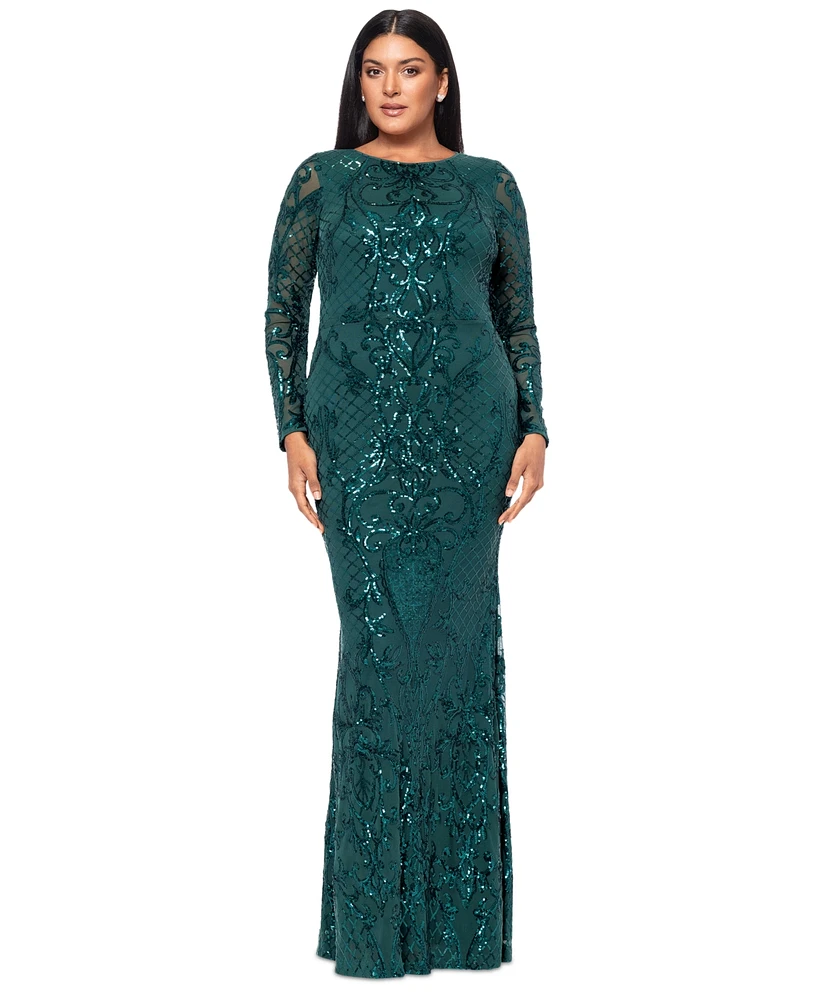 Betsy & Adam Plus Sequined Long-Sleeve Sheath Gown