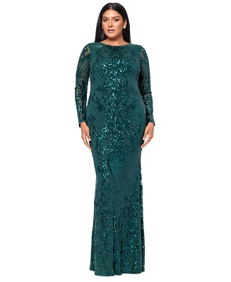 Betsy & Adam Plus Sequined Long-Sleeve Sheath Gown