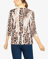 Alfred Dunner Women's Animal Print Embellished Neck Top