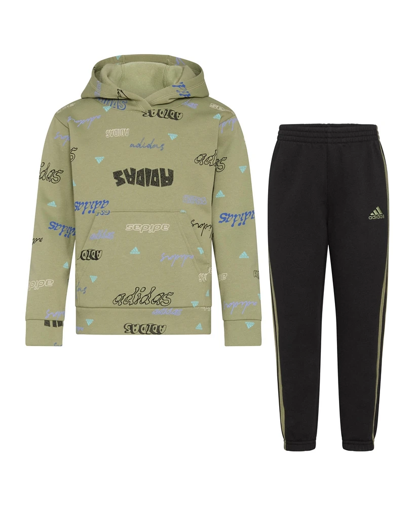 adidas Little and Toddler Boys Printed Fleece Pullover Hooded Jogger, 2-Piece Set