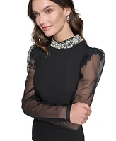 Karl Lagerfeld Paris Women's Embellished Mesh-Sleeve Top