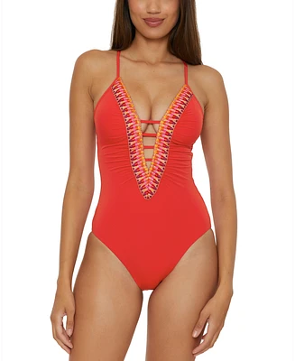 Becca Women's Fiesta Plunge-Neck One-Piece Swimsuit