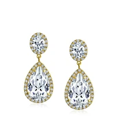 Bling Jewelry Cubic Zirconia Pave Cz Halo Statement Large Teardrop Dangle Clip On Earrings For Women Prom 14K Gold Plated Brass