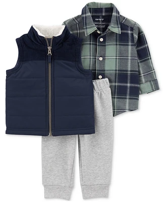 Carter's Baby Boys Little Vest, Plaid Shirt & Fleece Pants, 3 Piece Set