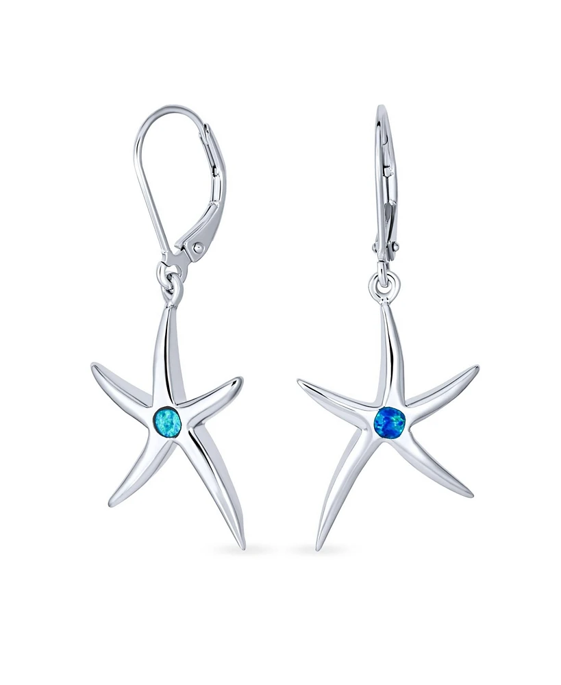 Bling Jewelry Blue Created Opal Accent Nautical Ocean Marine Life Starfish Drop Lever back Earrings For Women .925 Sterling Silver