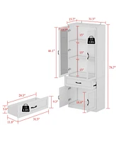 Famapy 4-Shelf White Wood Standard Bookcase With Doors, Cabinet, Drawer